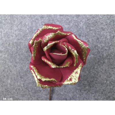 Rosa decorativa c/ brilhos dourados (28cm)