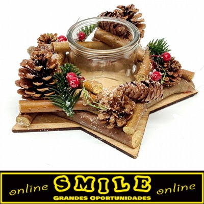 Castiçal Estrela em Madeira / Vidro c/ Pinhas 22cm