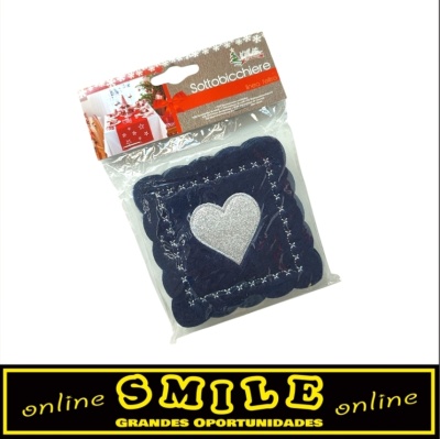 Base para copos em feltro azul com coração prata