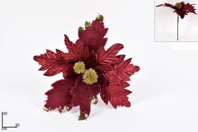 Flor de Natal vermelho escuro com decoração dourada (30cm)