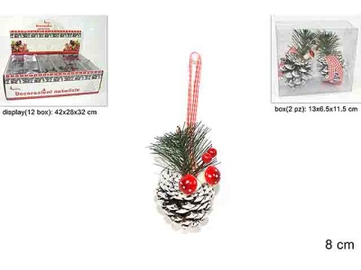 Pack de 2 pinhas c/ neve e azevinho 8cm