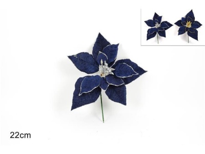 Flor decorativa azul com brilhos dourados (22cm)
