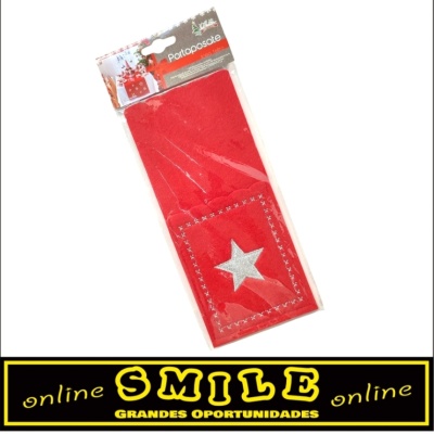 Porta talheres em feltro vermelho com estrela prata