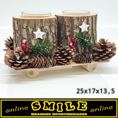 Castiçal duplo em Madeira / Vidro c/ Pinhas