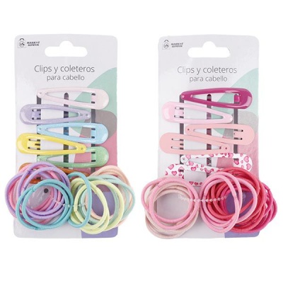 Pack 6 ganchos clip + 20 elásticos coloridos p/ cabelo