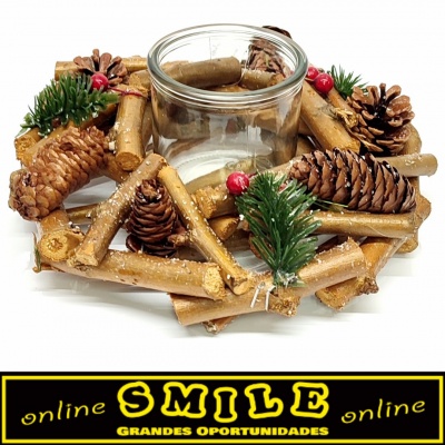 Castiçal Redondo em Madeira / Vidro c/ Pinhas 22cm