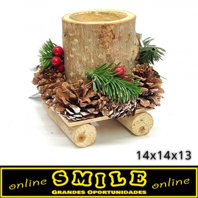 Castiçal simples em Madeira / Vidro c/ Pinhas