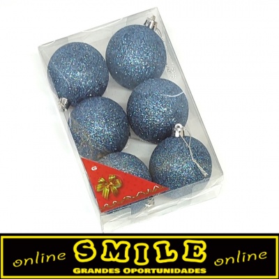 Conjunto 6 Bolas de Natal Azuis Purpurinas