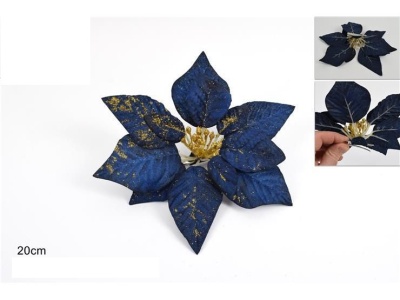 Flor decorativa azul com brilhos dourados, com pinça (20cm)