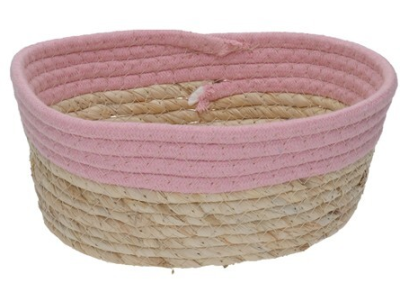 Cesto oval com fita rosa 24x19x10cm