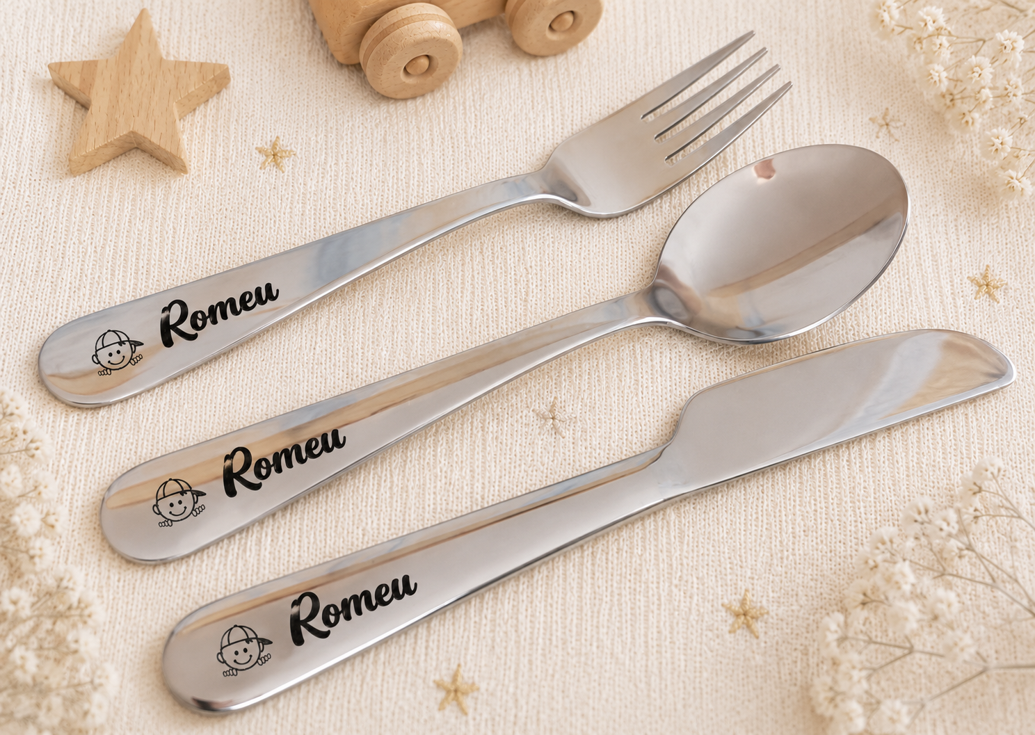 Talheres Criança Personalizados em Aço Inoxidável Talheres Criança Personalizados em Aço Inoxidável