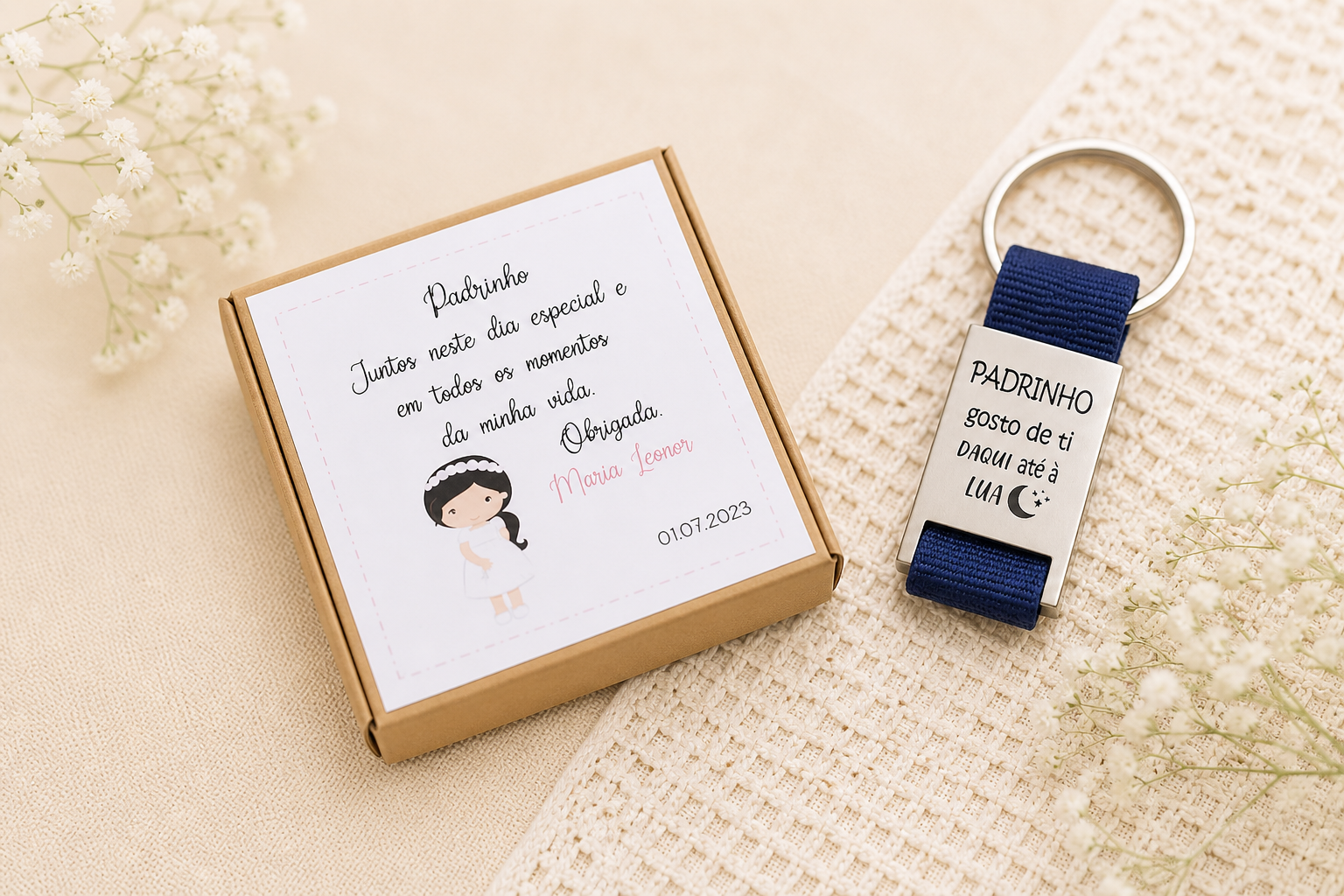 Porta-chaves para Padrinho com Caixa – Personalizável com Fita em Várias Cores Porta-chaves para Padrinho com Caixa – Personalizável com Fita em Várias Cores
