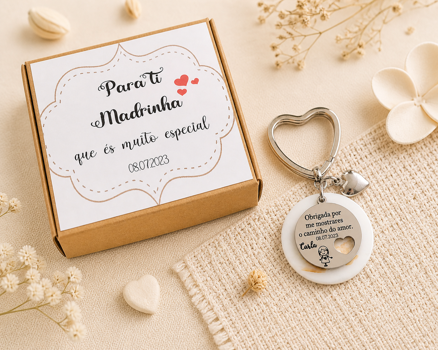Porta-chaves Madrinha com Caixa – Presente Personalizado com Nome Porta-chaves Madrinha com Caixa – Presente Personalizado com Nome