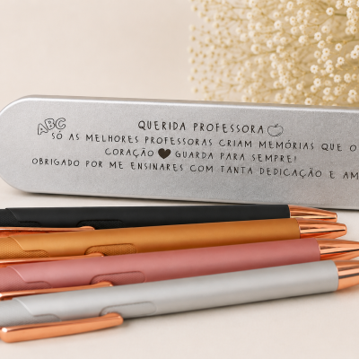 Caixinha de Metal Gravada + Caneta Personalizada Premium