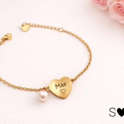 Pulseira Mãe Dourada com Pérola em Aço Inoxidável – Presente Elegante