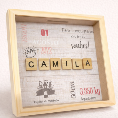 Quadro Mealheiro Personalizado com Dados de Nascimento – Um início cheio de significado