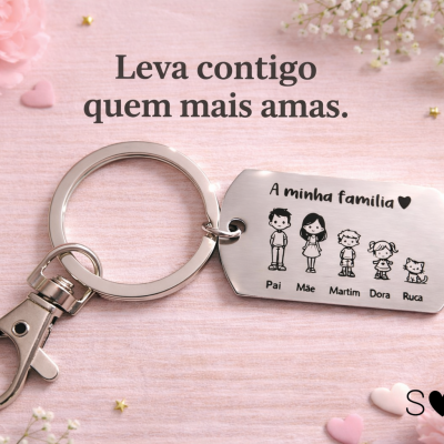 Porta-Chaves Personalizado com Família Gravada em Aço | Presente Dia da Mãe