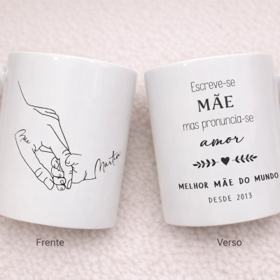 Caneca Personalizada com Desenho de Mãos e Nome – Presente para Mãe, Avó ou Madrinha