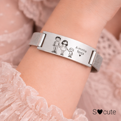 Pulseira Personalizada com Família Gravada em Aço | Presente Dia da Mãe