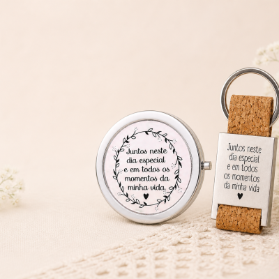 Pack “Memórias para Sempre” – Espelho + Porta-chaves Personalizados | Presente para Padrinhos, Afilhados, Batismo e Comunhão