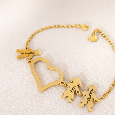 Pulseira Mãe Personalizada com Nomes – Coração e Filhos em Aço Inoxidável Dourado