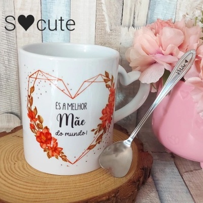 Conjunto caneca coração Mãe + colher