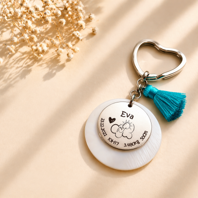 Porta-chaves Nascimento Personalizado em Aço com Base em Madrepérola