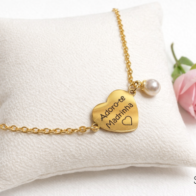Colar Madrinha Personalizado com Coração e Pérola – Presente Especial Madrinha