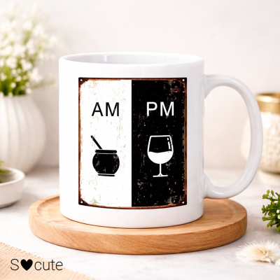 Caneca Divertida AM/PM – Café de Manhã & Vinho à Noite