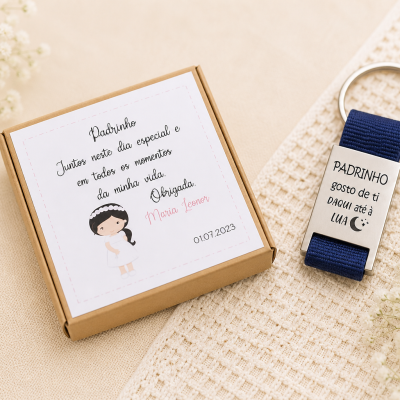 Porta-chaves para Padrinho com Caixa – Personalizável com Fita em Várias Cores