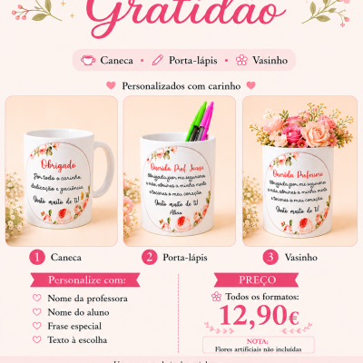 Coleção Gratidão – Caneca, Porta-Lápis ou Vasinho Personalizado para Professora