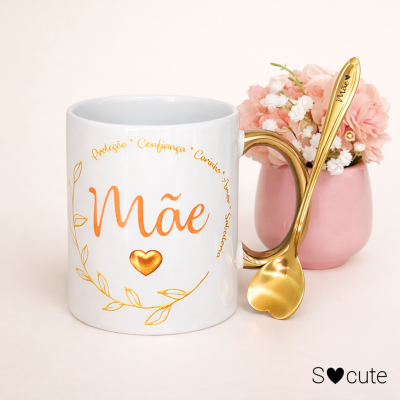 Caneca “Mãe” Elegante – Opção com Colher | Presente Especial Dia da Mãe