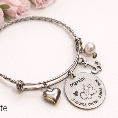 Pulseira Escrava Personalizada Nascimento Bebé com Charms | Aço Inoxidável