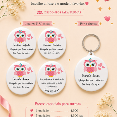 Coleção Corujinhas — Ímanes, Crachás & Porta-chaves Personalizados