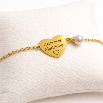 Pulseira Madrinha Personalizada com Coração e Pérola – Presente Especial Madrinha