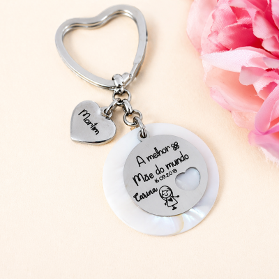 Porta-chaves “A Melhor Mãe do Mundo” em Aço com Madrepérola e Coração Personalizado