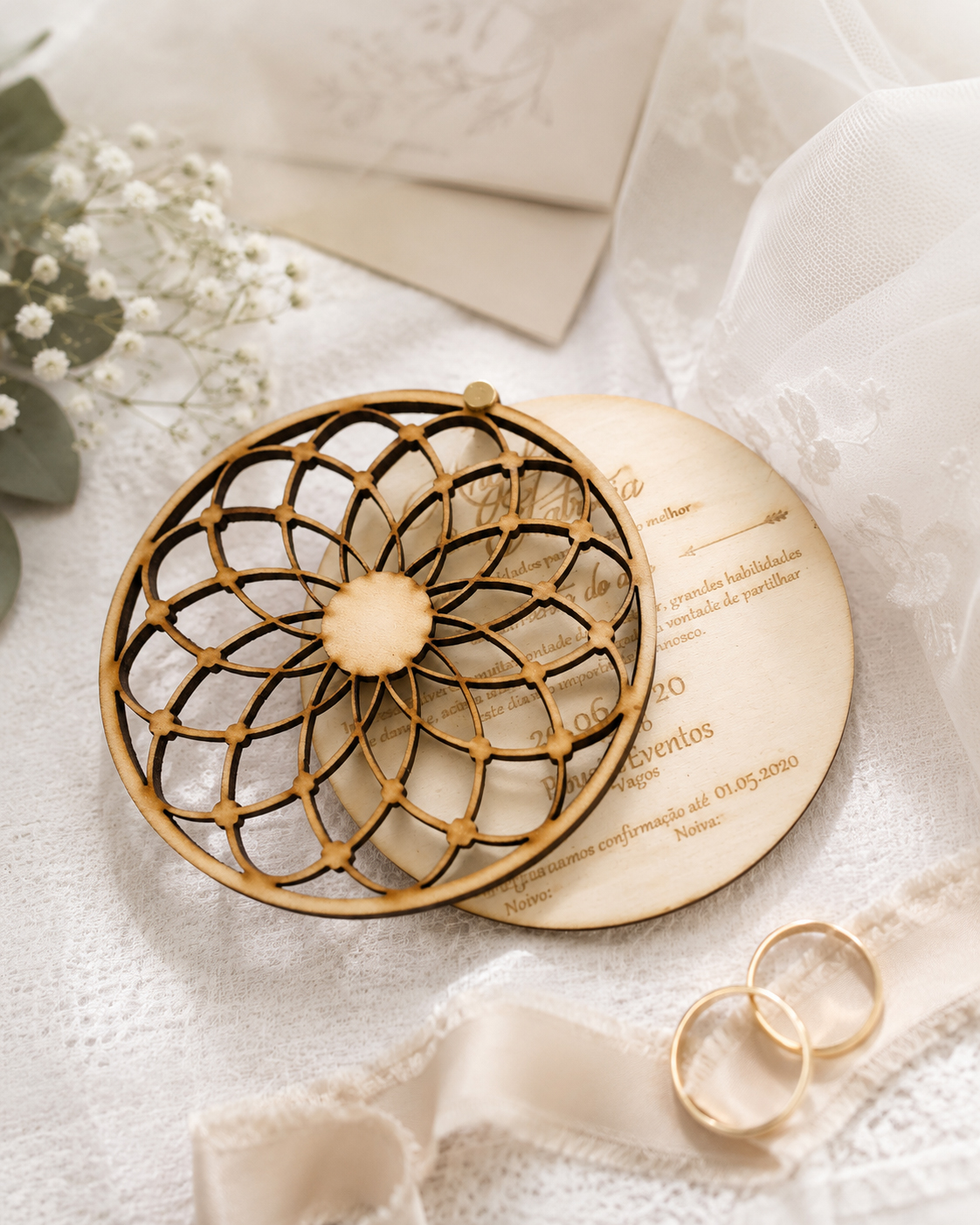 Convite de Casamento Caça-Sonhos em Madeira Personalizado Convite de Casamento Caça-Sonhos em Madeira Personalizado
