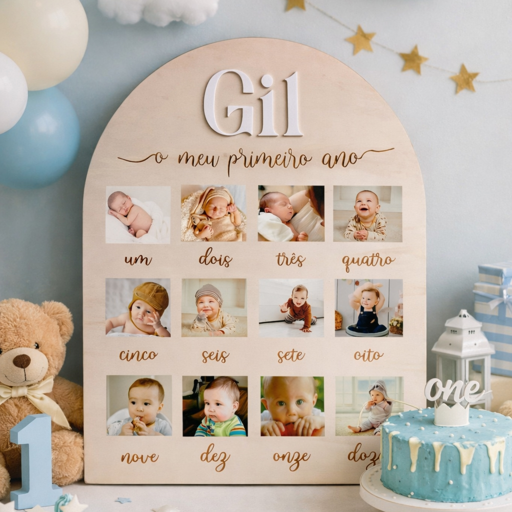 Quadro de Fotos "O Meu Primeiro Ano" em Madeira - Moldura 12 Meses Personalizada Quadro de Fotos "O Meu Primeiro Ano" em Madeira - Moldura 12 Meses Personalizada