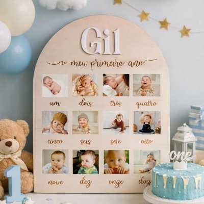 Quadro de Fotos "O Meu Primeiro Ano" em Madeira - Moldura 12 Meses Personalizada