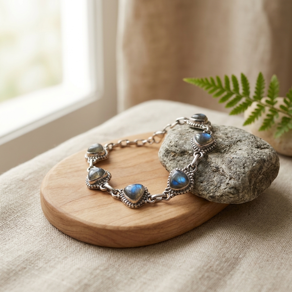 Pulseira de Prata Esterlina 925 com Labradorite - Aurora Mística