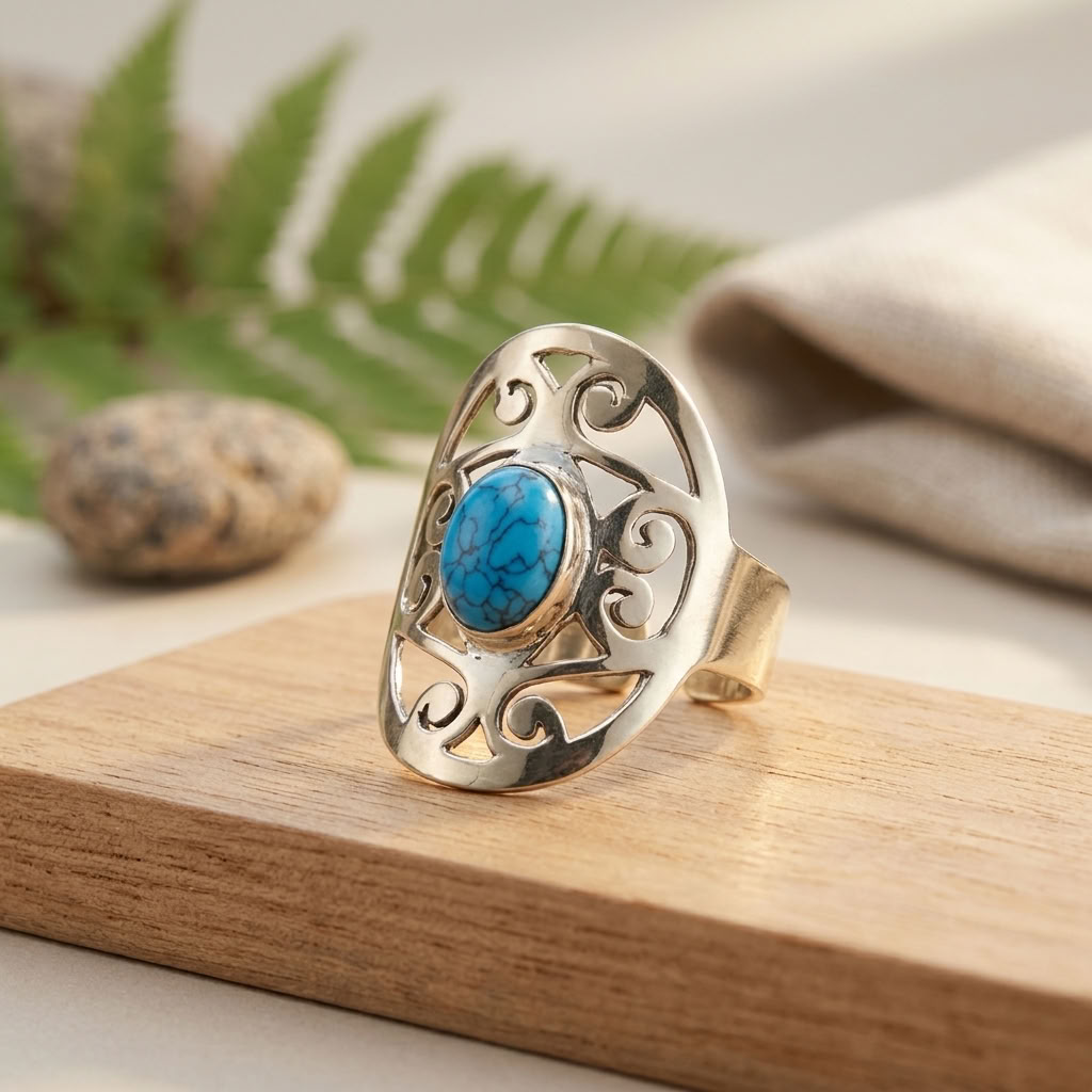 Anel de Bronze com Turquesa Natural - Ajustável, Estilo e Sofisticação Artesanal
