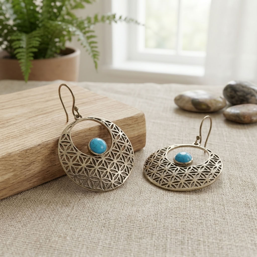 Brincos artesanais em bronze com Turquesa