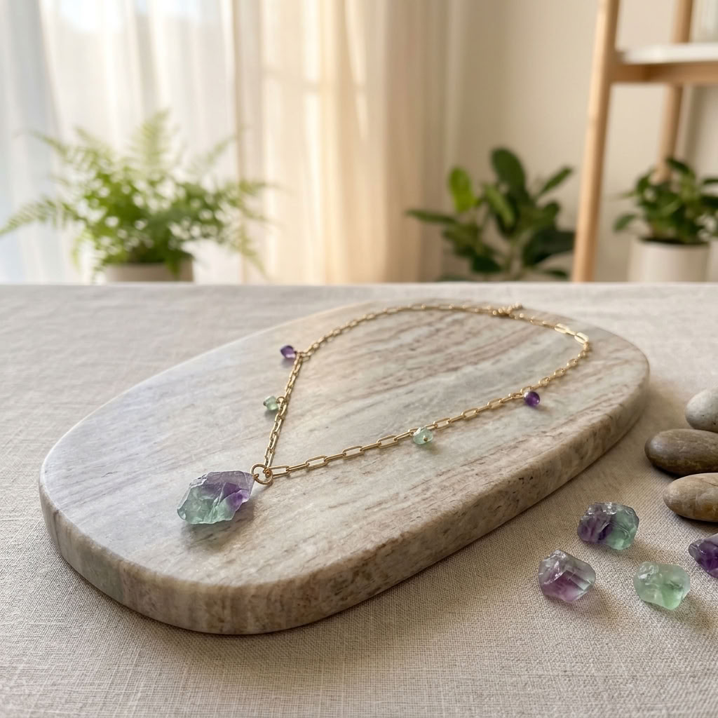 Colar Inox Dourado com Fluorite Natural – 60 cm