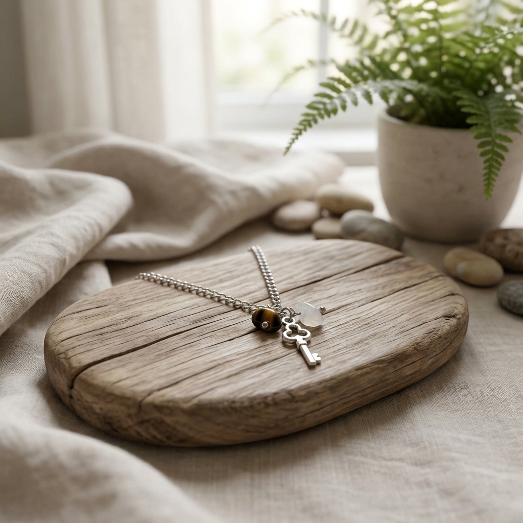 Colar Inox Key Stones – Corrente Prateada & Pedras Naturais