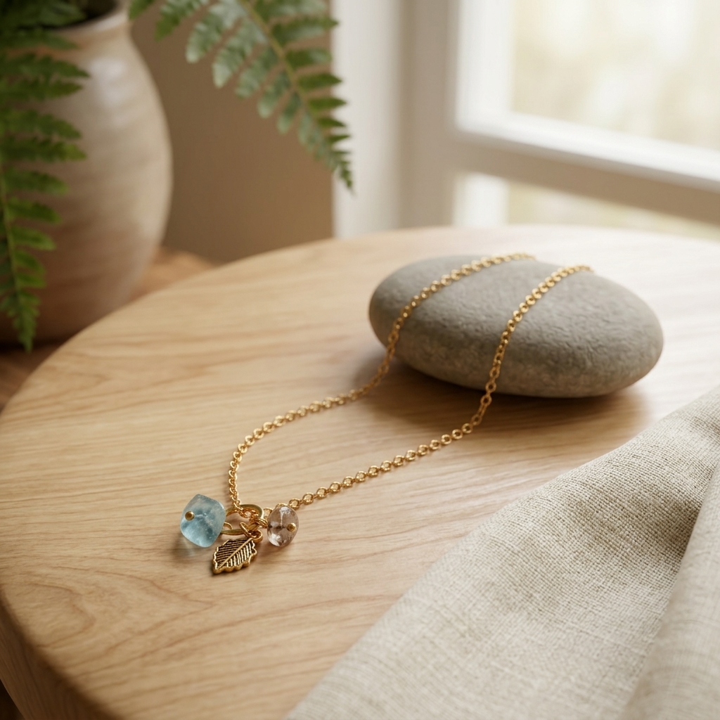 Colar Inox Leaf Stones – Corrente Dourada & Pedras Naturais