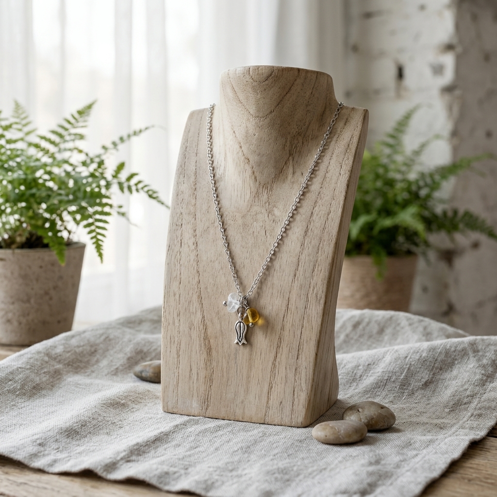 Colar Inox Charms – Corrente Prateada & Pedras Naturais com Flor