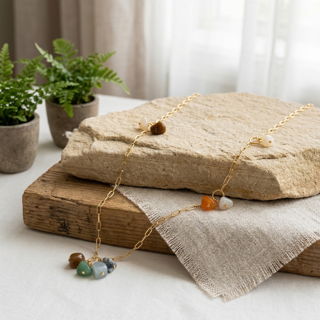 Colar Golden Stones – Corrente Dourada & Pedras Naturais