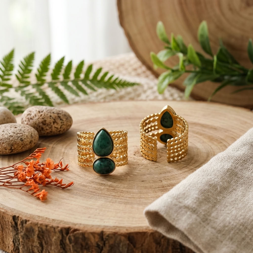 Anel Multi-Anel Ajustável Dourado com Pedras Naturais - Verde Escuro