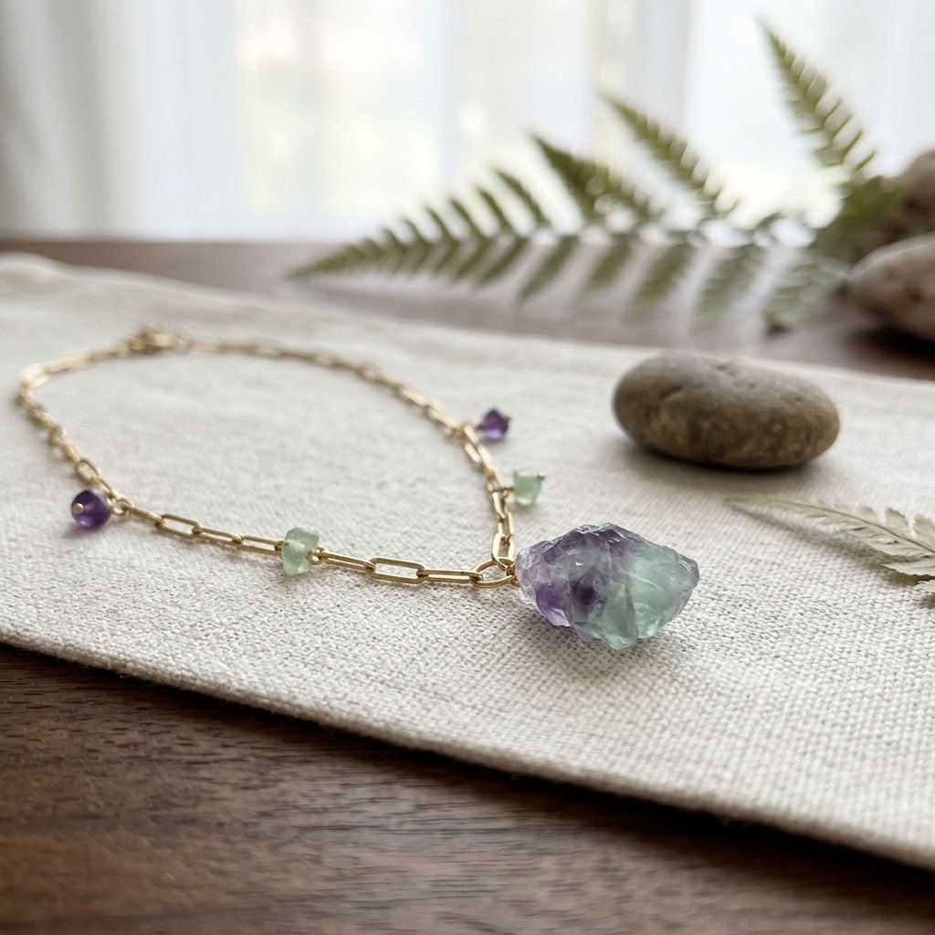 Colar Inox Dourado com Fluorite Natural – 60 cm