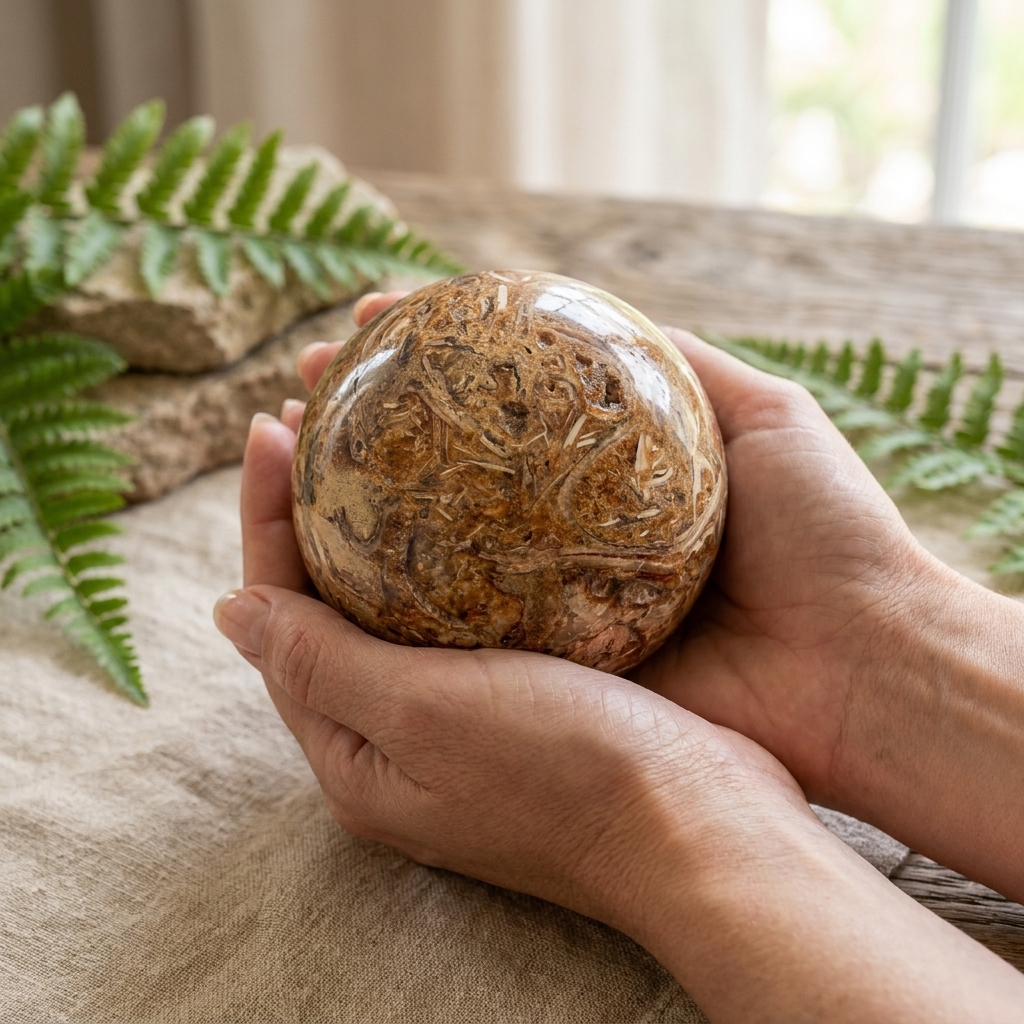 Esfera de Calcita de Mel com Fragmentos de Amazonita – Origem Madagáscar, Peça Exclusiva